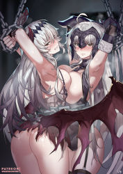 Rule 34 | 2girls, armpits, arms up, ass, bare shoulders, bat wings, blush, bound, bound arms, breast press, breasts, chain, club3, dark jeanne, elbow gloves, fate/grand order, fate (series), gloves, granblue fantasy, grimace, headpiece, jeanne d&#039;arc (fate), jeanne d&#039;arc (granblue fantasy), jeanne d&#039;arc alter (avenger) (fate), jeanne d&#039;arc alter (fate), long hair, looking back, multiple girls, patreon logo, silver hair, symmetrical docking, thighhighs, wings, yellow eyes