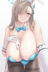 Rule 34 | 1girl, absurdres, ace (playing card), ace of hearts, animal ears, asuna (blue archive), asuna (bunny) (blue archive), bare shoulders, between breasts, blue archive, blue eyes, blue leotard, blue ribbon, blush, breasts, brown pantyhose, card, cleavage, detached collar, elbow gloves, fake animal ears, gloves, grin, hair over one eye, hair ribbon, halo, heart, highleg, highleg leotard, highres, large breasts, leaning forward, leotard, light brown hair, long hair, looking at viewer, mole, mole on breast, pantyhose, playboy bunny, playing card, rabbit ears, ribbon, sama samasa, smile, solo, thighband pantyhose, thighs, very long hair, white gloves