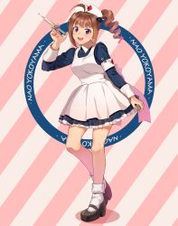 Rule 34 | 1girl, ahoge, apron, armband, back bow, black footwear, blue dress, blue scrunchie, bobby socks, bow, brown hair, character name, circle, commentary, cross, diagonal stripes, dress, drill hair, frilled dress, frills, hair ornament, hair scrunchie, hat, heel up, highres, holding, holding syringe, idolmaster, idolmaster million live!, kamille (vcx68), long sleeves, looking at viewer, mary janes, medium hair, nurse, nurse cap, open mouth, pink background, purple bow, purple eyes, red cross, scrunchie, shoes, short dress, side ponytail, smile, socks, solo, standing, striped, striped background, syringe, white apron, yokoyama nao