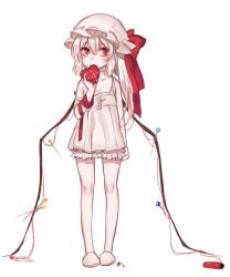 Rule 34 | 1girl, albino, alternate costume, alternate hair color, arm at side, arm ribbon, camisole, female focus, flandre scarlet, full body, hat, hat ribbon, heart, highres, knees, legs, long hair, mob cap, pin, ponytail, red eyes, ribbon, short hair, side ponytail, signature, simple background, slippers, slit pupils, solo, stitched, stitches, strap slip, third-party edit, thread, tis (shan0x0shan), touhou, white background, white hair, wings, yarn