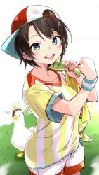Rule 34 | 1girl, backwards hat, baseball cap, black hair, blue eyes, blush, breasts, commentary, cowboy shot, grass, hat, highres, hololive, looking at viewer, oozora subaru, oozora subaru (1st costume), open mouth, shirt, short hair, short shorts, shorts, simple background, small breasts, smile, solo, striped clothes, striped shirt, subaru duck, sweatband, vertical-striped clothes, vertical-striped shirt, virtual youtuber, white background, white shorts, yellow shirt, yuyaiyaui