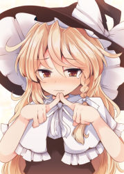 Rule 34 | 1girl, beni shake, blonde hair, blush, bow, braid, brown eyes, capelet, fingers together, gradient background, hat, hat bow, index fingers together, kirisame marisa, long hair, single braid, solo, tears, touhou, tsurime, upper body, wavy mouth, witch hat