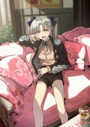 Rule 34 | 1girl, ascot, black bow, black jacket, black shorts, blush, bow, couch, cup, drink, drinking glass, ear piercing, earrings, epaulettes, hair bow, highres, indoors, jacket, jewelry, kerorira, long hair, looking at viewer, multiple rings, neck ribbon, open clothes, open jacket, open mouth, original, piercing, pillow, ribbon, ring, short shorts, shorts, sitting, smile, solo, twintails, yellow eyes