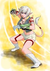 Rule 34 | 1girl, boots, breasts, claw (weapon), cleavage, colored skin, dragon quest, dragon quest x, horns, jewelry, medium breasts, midriff, necklace, ogre (dq10), pink skin, pointy ears, purple eyes, short hair, shorts, solo, tail, tattoo, uchiyan-uchizum, vest, weapon, white hair