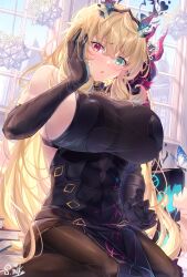 Rule 34 | 1girl, abs, absurdres, armor, bare shoulders, black dress, black gloves, blonde hair, blush, book, breasts, brown pantyhose, bug, butterfly, chain, covered navel, dress, earrings, elbow gloves, barghest (fate), barghest (second ascension) (fate), fate/grand order, fate (series), gauntlets, gloves, green eyes, heterochromia, highres, horns, insect, jewelry, large breasts, long hair, looking at viewer, muscular, muscular female, nattsu (nattu888 8), open mouth, pantyhose, pauldrons, pelvic curtain, red eyes, shoulder armor, sideboob, single gauntlet, single pauldron, sitting, solo, thighs, wariza