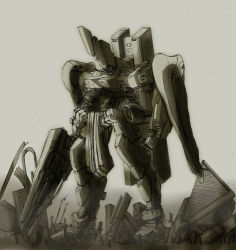 Rule 34 | armored core, from software, gun, mecha, monochrome, no humans, robot, ruins, solo, tagme, weapon