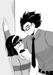 Rule 34 | 1boy, 1girl, against wall, black hair, black tie, blush, collared shirt, couple, dragon ball, einohire0085, embarrassed, formal, glasses, hairband, hand on own chest, height difference, highres, husband and wife, kabedon, long sleeves, looking down, looking up, monochrome, muscular, muscular male, necktie, rectangular eyewear, shirt, short hair, son gohan, suit, surprised, sweatdrop, upper body, videl
