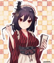 Rule 34 | 1girl, alternate costume, artist name, black hair, breasts, calligraphy brush, checkered background, checkered sash, enmaided, hair ornament, highres, holding, holding brush, holding notepad, japanese clothes, kantai collection, kimono, large breasts, looking at viewer, maid, maid headdress, momimaki, notepad, paintbrush, red eyes, red kimono, short hair, solo, wa maid, yamashiro (kancolle)