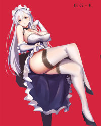 Rule 34 | 1girl, artist name, azur lane, bad id, bad pixiv id, bare shoulders, belfast (azur lane), blue eyes, breasts, cleavage, clothes lift, covered erect nipples, crossed legs, dress, dress lift, dutch angle, elbow gloves, fingerless gloves, full body, gloves, gongba laoge, head tilt, highres, large breasts, long hair, looking at viewer, maid, maid headdress, reclining, red background, silver hair, sitting, sleeveless, solo, strapless, thighhighs, thighs, white gloves, white thighhighs