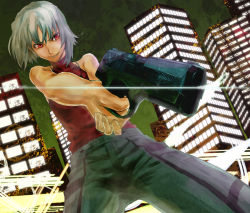 Rule 34 | 428, androgynous, bare shoulders, canaan (character), canaan (series), chunsoft, gender request, grey hair, grin, gun, muscular, red eyes, reverse trap, sleeveless, sleeveless turtleneck, smile, solo, turtleneck, under-siege, weapon
