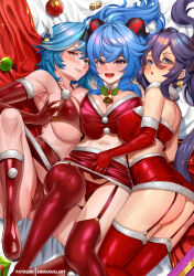 Rule 34 | 3girls, ahoge, aqua eyes, artist name, ass, bell, bikini, blue hair, blush, breasts, christmas, christmas ornaments, cleavage, commentary, crop top, curled horns, detached collar, elbow gloves, english commentary, enma (enmanuelart), eula (genshin impact), from above, ganyu (genshin impact), garter straps, genshin impact, gloves, highres, holly, horns, large breasts, long hair, looking at viewer, lying, medium breasts, medium hair, miniskirt, mona (genshin impact), multiple girls, neck bell, on back, on side, open mouth, panties, parted lips, purple hair, red eyes, red panties, revision, santa bikini, santa costume, santa gloves, skirt, swimsuit, thighhighs, twintails, underwear, yellow eyes