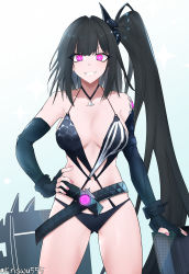 Rule 34 | 1girl, absurdres, architect (girls&#039; frontline), architect (nvw model) (girls&#039; frontline), arm support, artificial eye, bare shoulders, black gloves, black hair, black one-piece swimsuit, breasts, collarbone, elbow gloves, feet out of frame, fingerless gloves, girls&#039; frontline, gloves, hair ornament, hair scrunchie, hand on own hip, highres, jewelry, light blush, long hair, looking at viewer, mechanical eye, medium breasts, nail polish, navel, necklace, official alternate costume, one-piece swimsuit, open mouth, pink eyes, pink nails, sangvis ferri, scrunchie, side ponytail, simple background, smile, solo, standing, swimsuit, teeth, twitter username, very long hair, wuwuwu (kriswu555)