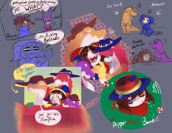Rule 34 | 1girl, 3boys, abandoned, alternate universe, anger vein, blue eyes, blue hat, blush, blush stickers, bowler hat, brown hair, candy, closed mouth, colored skin, concept art, constricted pupils, crying, crying with eyes open, dilated pupils, fetal position, food, gloves, group hug, gummigoo, hand on another&#039;s head, hands on own head, hat, hat bell, hat ribbon, heterochromia, highres, hug, jax (the amazing digital circus), jester, jester cap, jester costume, lollipop, lying, mouth hold, multicolored clothes, multicolored hat, multiple boys, neckerchief, on side, ottietottie, panicking, pomni (the amazing digital circus), profanity, puffy short sleeves, puffy sleeves, ragatha (the amazing digital circus), red eyes, red hat, red neckerchief, ribbon, sad, short hair, short sleeves, squiggle, streaming tears, striped clothes, striped headwear, tears, the amazing digital circus, two-tone hat, unamused, vertical-striped clothes, vertical-striped headwear, white skin, yellow ribbon