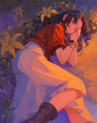 Rule 34 | 1girl, absurdres, aerith gainsborough, bracelet, brown hair, dress, final fantasy, final fantasy vii, final fantasy vii remake, flower, green eyes, highres, iamc95, jacket, jewelry, long hair, looking at viewer, lying, on grass, on side, red jacket, short sleeves, solo, white dress, yellow flower
