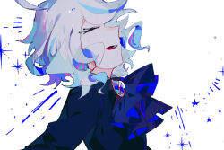 Rule 34 | 1girl, :d, ascot, blue ascot, blue jacket, brooch, closed eyes, facing up, from side, furina (genshin impact), genshin impact, highres, jacket, jewelry, long sleeves, open mouth, peko teupel, portrait, profile, short hair, sidelocks, simple background, smile, solo, sparkle, star (symbol), white background, white hair