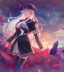 Rule 34 | 1girl, 86 -eightysix-, armband, black jacket, black thighhighs, blue eyes, closed mouth, cloud, cloudy sky, colored eyelashes, dress shirt, field, floating hair, flower, flower field, garter straps, hair between eyes, hat, highres, jacket, long hair, long sleeves, loveturtle2, military, military hat, military uniform, miniskirt, multicolored hair, open clothes, open jacket, outdoors, petals, red hair, shirt, skirt, sky, solo, thighhighs, two-tone hair, underbust, uniform, very long hair, vladilena millize, walking, white hair, white shirt, white skirt, zettai ryouiki
