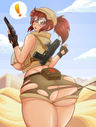 Rule 34 | !, 1girl, :o, absurdres, ass, back, backboob, blue sky, breasts, brown eyes, brown hair, butt crack, cloud, cloudy sky, desert, female focus, fingerless gloves, fio germi, glasses, gloves, gun, handgun, hat, highres, holding, holding gun, holding weapon, huge ass, huge breasts, kogeikun, large breasts, long hair, looking back, metal slug, open mouth, pistol, ponytail, sand, shorts, sky, solo, speech bubble, surprised, torn clothes, torn shorts, weapon