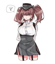 Rule 34 | 1girl, 598 (kokuya), :&lt;, arms behind back, atlanta (kancolle), black eyes, black hat, breasts, brown hair, closed mouth, commentary request, cropped legs, earrings, garrison cap, grey skirt, hair between eyes, hat, headgear, high-waist skirt, jewelry, kantai collection, large breasts, long hair, shirt, simple background, skirt, solo, spoken squiggle, squiggle, star (symbol), star earrings, suspender skirt, suspenders, two side up, white background, white shirt