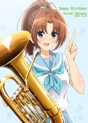 Rule 34 | 1girl, artist name, bass clef, blue background, blue neckerchief, blush, brown hair, commentary request, dated, diesel-turbo, eighth note, hair between eyes, hair intakes, happy birthday, hibike! euphonium, highres, holding, holding instrument, instrument, looking at viewer, musical note, nakagawa natsuki, neckerchief, open mouth, ponytail, purple eyes, sailor collar, school uniform, serafuku, sidelocks, simple background, solo, tuba, upper body, v