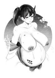 Rule 34 | 1girl, abortion mark, absurdres, barcode, barcode tattoo, big belly, breast tattoo, breasts, broken heart, collarbone, dark nipples, greyscale, heart, heart tattoo, hentai rat, highres, horns, huge breasts, kaga (kancolle), kantai collection, lactation, large breasts, linea nigra, long hair, miscarriage mark, monochrome, nipples, open clothes, outie navel, pregnancy mark, pregnant, projectile lactation, short sidetail, side ponytail, single horn, solo, spot color, stomach tattoo, sweat, tattoo
