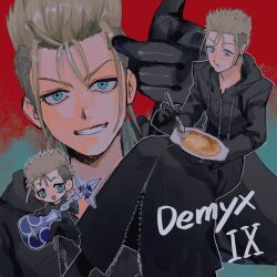 Rule 34 | 1boy, black cloak, black coat, black footwear, black gloves, blonde hair, chibi, cloak, coat, curry, demyx, eating, food, gloves, green eyes, grin, highres, holding, holding instrument, holding spoon, hood, hood down, instrument, kingdom hearts, long coat, male focus, open mouth, pointing, pointing at viewer, sitar, sitting, smile, spiked hair, spoon, tdmmt r