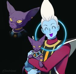 Rule 34 | 10s, 2boys, beerus, black background, black eyes, carrying, cat, dragon ball, dragon ball super, earrings, egyptian clothes, expressionless, eyelashes, happy, jewelry, long sleeves, looking away, male focus, multiple boys, open mouth, pointy ears, simple background, smile, twitter username, whis, white hair