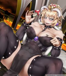 Rule 34 | 1girl, abs, adapted costume, bare shoulders, between breasts, black dress, black nails, black sleeves, black thighhighs, blonde hair, blue eyes, blush, bowsette, bracelet, breasts, brooch, cameltoe, castle, chain, chain between breasts, cleavage, collar, collarbone, commentary request, dress, dutch angle, earrings, elbow sleeve, fat mons, fingernails, hair between eyes, highres, hip focus, holding, holding mushroom, horns, indoors, jewelry, korean commentary, large breasts, leaning back, long hair, mario (series), lava, muscular, muscular female, mushroom, nail polish, nephlite, new super mario bros. u deluxe, night, night sky, nintendo, open mouth, outline, pelvic curtain, pink lips, pointing, pointy ears, ponytail, shadowy figure, sharp fingernails, sharp teeth, shiny clothes, shiny skin, sidelocks, sitting, sky, slit pupils, smile, solo, spiked bracelet, spiked collar, spiked shell, spikes, spread legs, strapless, strapless dress, super crown, teeth, thick thighs, thighhighs, thighs, tsurime, watermark, web address