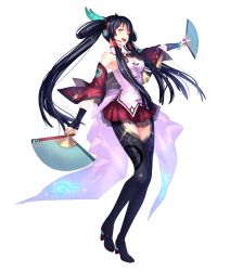 Rule 34 | 1girl, alternate color, alternate costume, amasaki kagin, bare shoulders, black gloves, black hair, black thighhighs, boots, bustier, dual wielding, fingerless gloves, folding fan, full body, gloves, grey background, hair ornament, hair tubes, hand fan, headphones, high heels, highres, holding, jewelry, lace, lace-trimmed skirt, lace trim, legs, long hair, long legs, microphone, open mouth, orange eyes, original, patterned, ryuuzaki ichi, shoes, skirt, smile, solo, thigh boots, thighhighs, thighs, transparent background, twintails, very long hair, vocaloid, vocanese