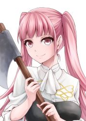 Rule 34 | 1girl, axe, closed mouth, fire emblem, fire emblem: three houses, hilda valentine goneril, holding, holding axe, holding weapon, long hair, matching hair/eyes, nintendo, pink eyes, pink hair, simple background, smile, solo, ten (tenchan man), twintails, uniform, upper body, weapon, white background