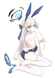 Rule 34 | 1girl, absurdres, animal ears, ass, back, backless leotard, blonde hair, blue archive, blue footwear, blue hair, blue leotard, blue nails, bow, braid, bridal legwear, closed mouth, commentary request, detached collar, fake animal ears, fake tail, french braid, from behind, frown, full body, hair bow, halo, high heels, highres, leotard, long hair, looking at viewer, multicolored hair, nail polish, playboy bunny, rabbit ears, rabbit tail, shoes, shoulder blades, simple background, single shoe, sitting, solo, stirrup legwear, streaked hair, tail, thighhighs, toeless legwear, toenail polish, toenails, toes, toki (blue archive), toki (bunny) (blue archive), v, very long hair, white background, white thighhighs, wrist cuffs, xsan
