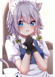 Rule 34 | 1girl, absurdres, animal ear fluff, animal ears, bad id, bad pixiv id, black gloves, blue eyes, blush, bow, braid, cat ears, cat girl, cat tail, commentary request, gloves, hair between eyes, hair bow, heart, heart-shaped pupils, highres, izayoi sakuya, kemonomimi mode, looking at viewer, neck ribbon, open mouth, puffy short sleeves, puffy sleeves, ribbon, shinonome asu, short sleeves, side braids, silver hair, solo, symbol-shaped pupils, tail, touhou, twin braids, upper body, vest, waist bow