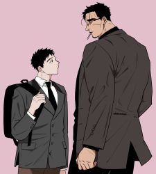 Rule 34 | 2boys, age difference, backpack, bag, balnom, bara, black necktie, black shirt, brown jacket, cigarette, collared shirt, expressionless, eye contact, facial hair, feet out of frame, formal, glasses, goatee, grey suit, height difference, highres, jacket, looking at another, male focus, mature male, multiple boys, muscular, muscular male, necktie, original, shirt, short hair, sideburns, standing, suit, thick eyebrows
