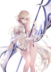 Rule 34 | 1girl, aqua eyes, banner, bare legs, bare shoulders, blonde hair, bracelet, breasts, clothing cutout, earrings, fate (series), feet out of frame, female focus, holding, jeanne d&#039;arc (fate), jeanne d&#039;arc (ruler) (fate), jewelry, ku99 (kugugu), legs, leotard, long hair, looking at viewer, medium breasts, parted lips, simple background, smile, solo, standing, thigh gap, thighs, twitter username, underboob cutout, v-shaped eyebrows, white background, white leotard