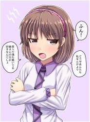 Rule 34 | 1girl, blush, breasts, brown eyes, brown hair, collared shirt, commentary request, fusu (a95101221), hairband, highres, long sleeves, open mouth, purple background, purple hairband, shirt, short hair, solo, speech bubble, tears, touhou, translated, tsukumo yatsuhashi
