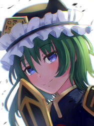 Rule 34 | 1girl, asymmetrical hair, black hat, blue eyes, blue vest, blush, closed mouth, commentary request, dutch angle, epaulettes, falling petals, frilled hat, frills, green hair, hair between eyes, hat, highres, long bangs, looking at viewer, luke (kyeftss), petals, rod of remorse, shiki eiki, short hair, simple background, smile, solo, touhou, upper body, vest, white background