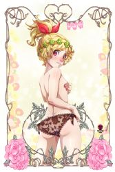Rule 34 | absurdres, ass, back, blonde hair, blush, bow, breasts, demeter (megami tensei), flat chest, gluteal fold, hand on own chest, highres, lingerie, looking back, nude, panties, ponytail, red bow, red eyes, shin megami tensei, shin megami tensei: strange journey, shin megami tensei v, small breasts, thighs, tlacuicani, topless, underwear