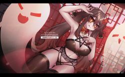 Rule 34 | architecture, black panties, black thighhighs, breasts, east asian architecture, garter belt, genshin impact, ghost, hand on own head, highres, hu tao (genshin impact), large breasts, lingerie, osiimi, panties, solo, tagme, thighhighs, underwear