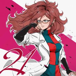 Rule 34 | 1girl, android 21, blue eyes, breasts, checkered clothes, dragon ball, earrings, female focus, glasses, highres, hydedrogen, jewelry, lab coat, long hair, medium breasts, nail polish, solo