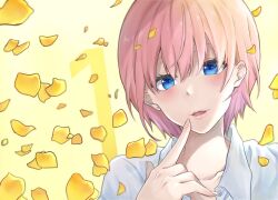 Rule 34 | 1girl, absurdres, blue eyes, blush, bob cut, close-up, collarbone, collared shirt, earrings, finger to mouth, go-toubun no hanayome, highres, jewelry, light (lightpicture33), looking at viewer, nakano ichika, open mouth, pink hair, portrait, shirt, short hair, single earring, solo, white shirt