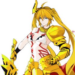 Rule 34 | 1girl, absurdres, ahoge, angelica ainsworth, armor, bikini, blonde hair, blue eyes, bra, breasts, cosplay, ea (fate/stay night), fate/kaleid liner prisma illya, fate (series), gilgamesh (fate), gilgamesh (fate) (cosplay), gold armor, hair between eyes, hair ribbon, highres, holding, holding ribbon, holding sword, holding weapon, jewelry, large breasts, long hair, looking at viewer, moedredd, navel, necklace, ribbon, solo, swimsuit, sword, tattoo, twintails, underwear, very long hair, weapon, white bikini, white bra
