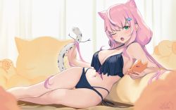 Rule 34 | 1girl, :o, animal ears, arm support, bare arms, bare legs, bare shoulders, bikini, black bikini, blush, breasts, cat ears, cat girl, cat tail, cellphone, cleavage, fangs, feet out of frame, green eyes, hair ornament, hairclip, highres, holding, holding phone, iltusa, large breasts, long hair, looking at viewer, low twintails, multicolored hair, nail polish, navel, nijisanji, nijisanji kr, open mouth, phone, pink hair, reclining, smartphone, solo, streaked hair, stuffed animal, stuffed cat, stuffed toy, swimsuit, tail, thigh gap, twintails, two-tone hair, very long hair, virtual youtuber, white hair, yang nari