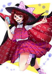 Rule 34 | 1girl, absurdres, bow, brown hair, cellphone, cloak, fedora, glasses, hat, hat bow, highres, kuronon, leg up, loafers, low twintails, phone, plaid, plaid skirt, plaid vest, purple skirt, purple vest, runes, school uniform, shoes, short sleeves, short twintails, skirt, smartphone, smile, solo, touhou, twintails, usami sumireko, v, vest, violet detector