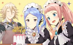 Rule 34 | 1boy, 2girls, absurdres, armor, birthday, birthday cake, black dress, blue eyes, blue hair, breasts, bridal gauntlets, brooch, cake, candy, center frills, closed eyes, closed mouth, commentary, commission, corrin (fire emblem), corrin (male) (fire emblem), dress, english commentary, felicia (fire emblem), fire emblem, fire emblem fates, flora (fire emblem), food, frills, grey eyes, hair between eyes, happy birthday, highres, holding, igni tion, jewelry, maid, maid headdress, medium breasts, multiple girls, nintendo, open mouth, pink hair, pointy ears, ponytail, siblings, silver hair, sisters, smile, twins, twintails, upper body, yellow background