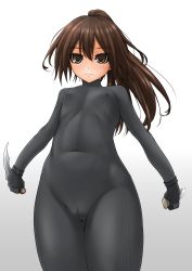 Rule 34 | 1girl, black bodysuit, black gloves, blush, bodysuit, breasts, brown eyes, brown hair, cameltoe, cleft of venus, covered erect nipples, covered navel, cowboy shot, dagger, dual wielding, female focus, gloves, gradient background, high ponytail, highres, holding, holding dagger, holding knife, holding weapon, knife, matching hair/eyes, original, ponytail, simple background, small breasts, solo, standing, tsunousagi (user ujyx8587), turtleneck, weapon, white background