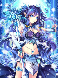 Rule 34 | 1girl, blue eyes, blue hair, blue rose, breasts, bridal gauntlets, cleavage, crystal, detached collar, double bun, fingerless gloves, flower, gloves, highres, medium breasts, mochizuki shiina, nail polish, original, pointy ears, rose, snowflakes, solo, staff