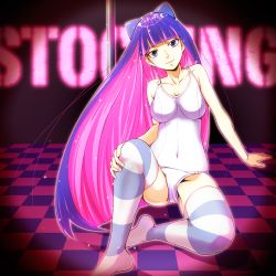 Rule 34 | 10s, 1girl, blue eyes, colored inner hair, hair ribbon, long hair, looking at viewer, multicolored hair, panties, panty &amp; stocking with garterbelt, ribbon, sitting, smile, solo, sparkle, stocking (psg), striped clothes, striped thighhighs, suzumeko, thighhighs, two-tone hair, underwear