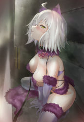 Rule 34 | 1girl, absurdres, all fours, animal ears, bad id, bad pixiv id, bare shoulders, blush, bow, breasts, cleavage, clenched teeth, collar, cosplay, elbow gloves, fate/grand order, fate (series), fur-trimmed gloves, fur-trimmed legwear, fur collar, fur trim, gloves, highres, jeanne d&#039;arc (fate), jeanne d&#039;arc alter (avenger) (fate), jeanne d&#039;arc alter (fate), large breasts, leash, looking at viewer, mash kyrielight, mash kyrielight (dangerous beast), mash kyrielight (dangerous beast) (cosplay), o-ring, official alternate costume, purple gloves, purple thighhighs, revealing clothes, shirobuchi, short hair, silver hair, solo, squatting, tail, teeth, thighhighs, viewer holding leash, wolf ears, wolf tail, yellow eyes
