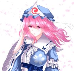 Rule 34 | 1girl, arm garter, bad id, bad pixiv id, blue dress, blue hat, blue ribbon, blue sash, breasts, center frills, commentary request, dress, frilled shirt collar, frilled sleeves, frills, hair between eyes, hand in own hair, hand up, hat, highres, large breasts, long hair, long sleeves, looking at viewer, mob cap, neck ribbon, parted lips, petals, pink eyes, pink hair, ribbon, ribbon-trimmed collar, ribbon trim, saigyouji yuyuko, sash, shiranui (wasuresateraito), simple background, solo, touhou, triangular headpiece, upper body, veil, white background, wide sleeves