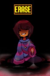 Rule 34 | androgynous, arm support, bad id, bad tumblr id, black background, brown hair, chara (undertale), closed eyes, dark persona, dust, evil grin, evil smile, frisk (undertale), gender request, grin, head tilt, heart, heart necklace, highres, jewelry, necklace, outstretched hand, raikissu, seiza, shaded face, sitting, smile, solo, spoilers, striped clothes, striped sweater, sweater, undertale