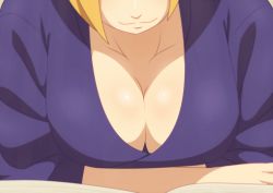 Rule 34 | 1girl, blonde hair, breasts, cleavage, closed mouth, collarbone, crossed arms, happy, large breasts, leaning forward, naruto, naruto (series), purple shirt, shirt, smile, solo, temari (naruto)
